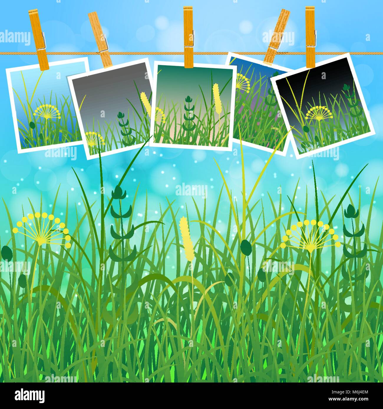 Konzept Sommer. Himmel, Blur, Field Grass. Sommer Fotos auf Wäscheklammern auf einem Seil. Sie können Ihre Fotos einfügen Stock Vektor