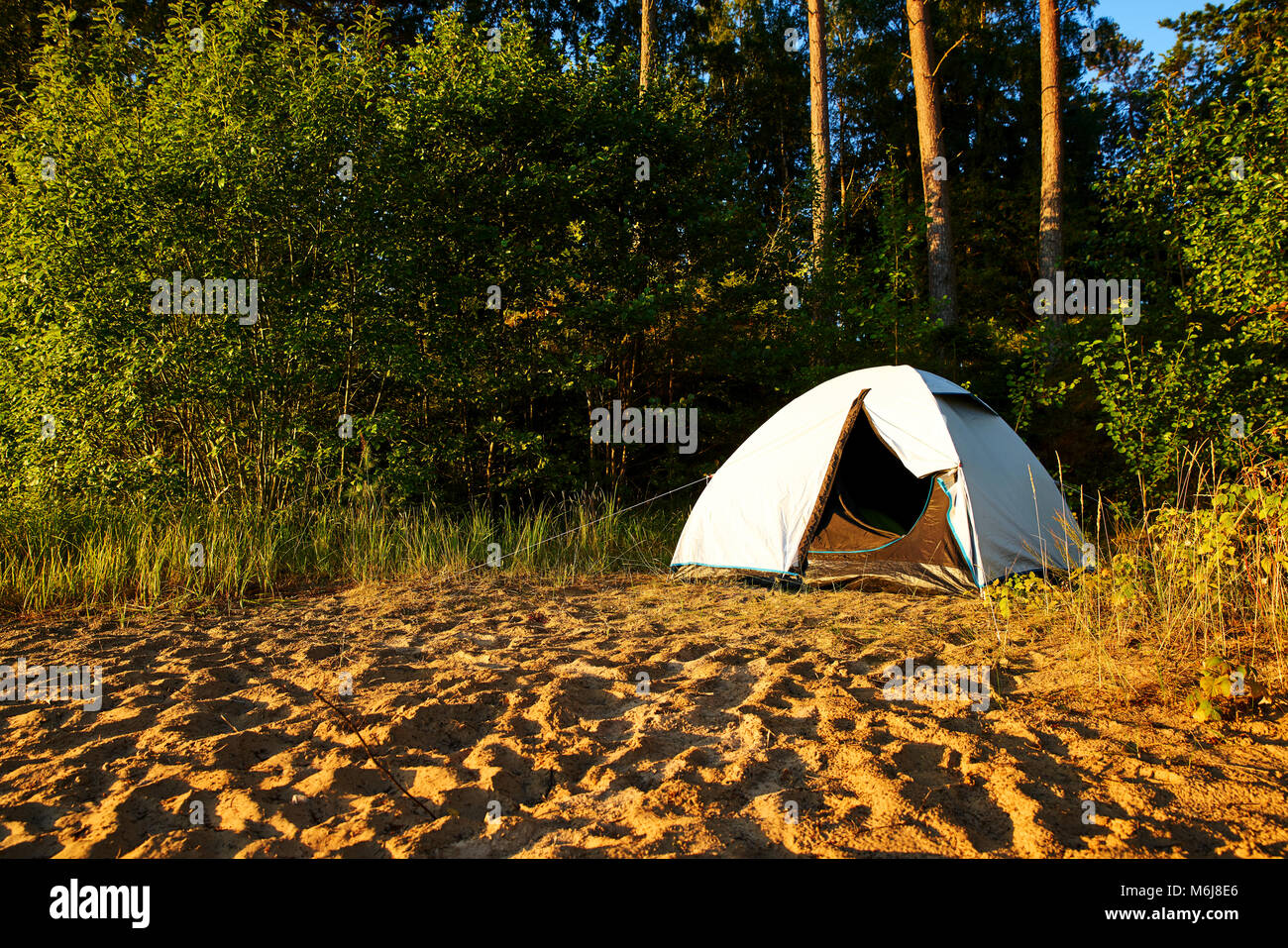 Weiße Zelt an einem Strand Campingplatz am See Vänern in Schweden. Die Sonne scheint und bald wird Sonnenuntergang. Zelt ist mit Bäumen und Pflanzen bedeckt. Stockfoto