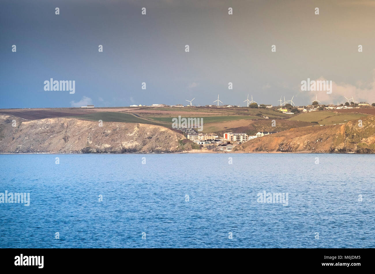 Eine Fernsicht auf Watergate Bay von towan Kopf in Newquay Cornwall gesehen. Stockfoto