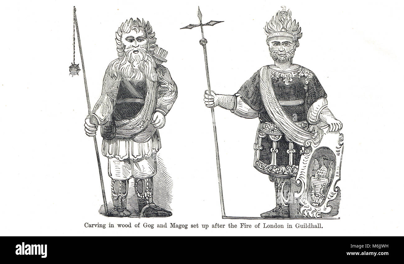 Holz- Gog und Magog, London Guildhall, der nach dem großen Brand von London Stockfoto