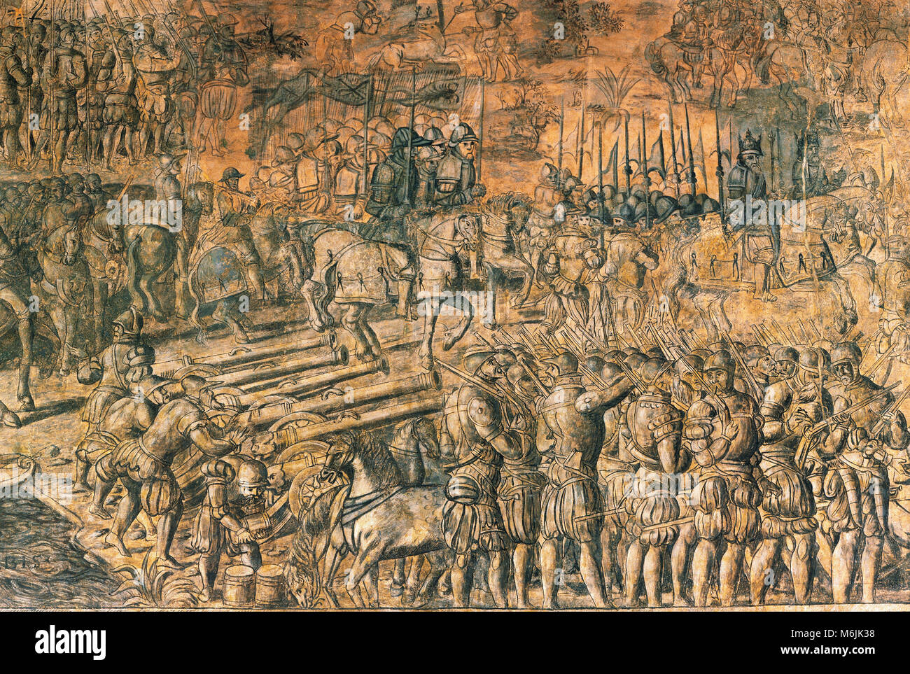 Dem 30-jährigen Krieg. Kampagne von Kaiser Karl I gegen die protestantischen Fürsten in Ingolstadt (c.1540-1547). Wandmalerei, grisaille, aus dem 16. Jahrhundert. Oriz Palace, Elorz Tal, Navarra. Das Museum von Navarra, Pamplona, Spanien. Stockfoto