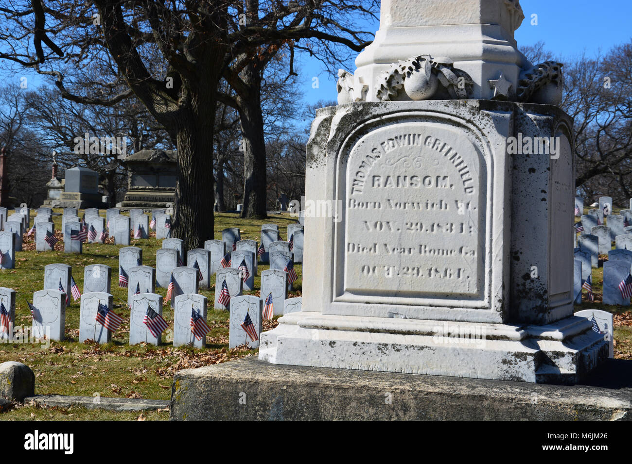 Obelisk memorializing ist Bürgerkrieg Allgemeine Thomas Edwin Greenfield Lösegeld der Illinois infanterie an der Rosehill Cemetery in Chicago. Stockfoto