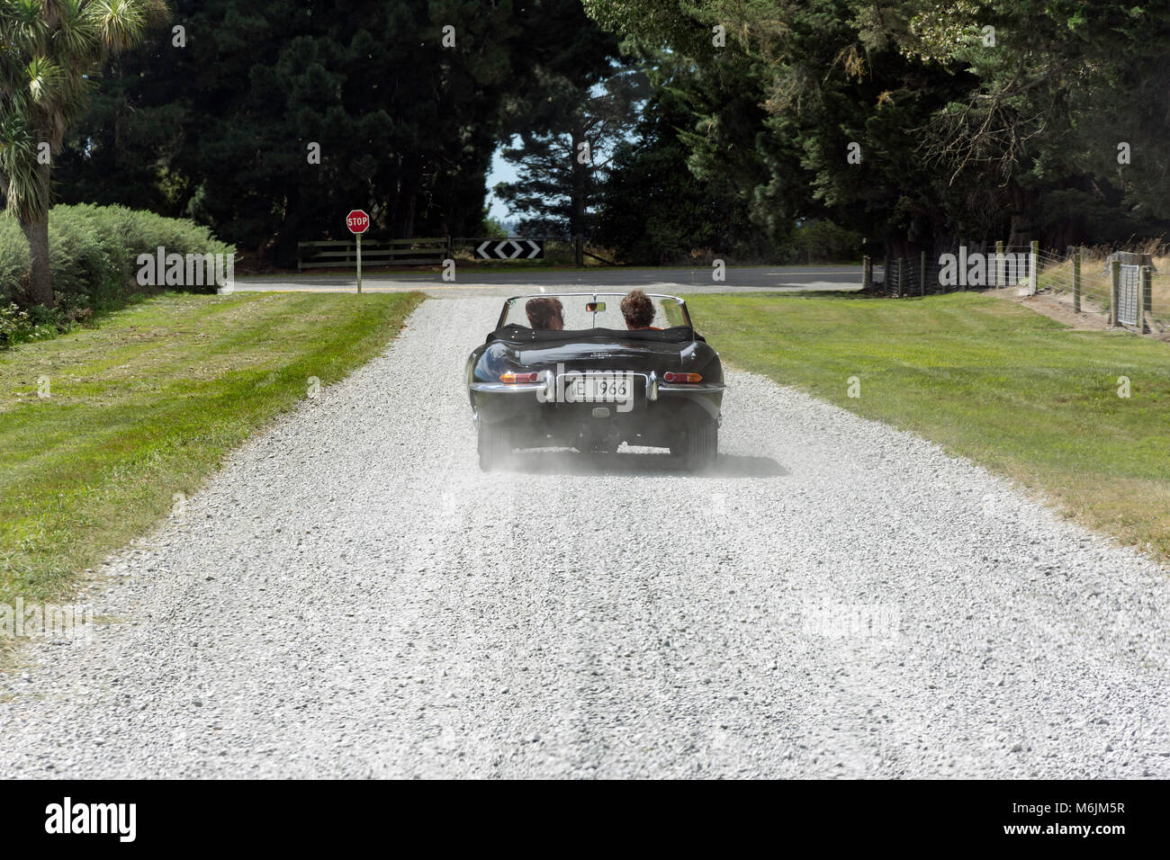 Jaguar E-Type klassische Sportwagen 1966 über Feldweg, Rakaia, Region Canterbury, Neuseeland Stockfoto