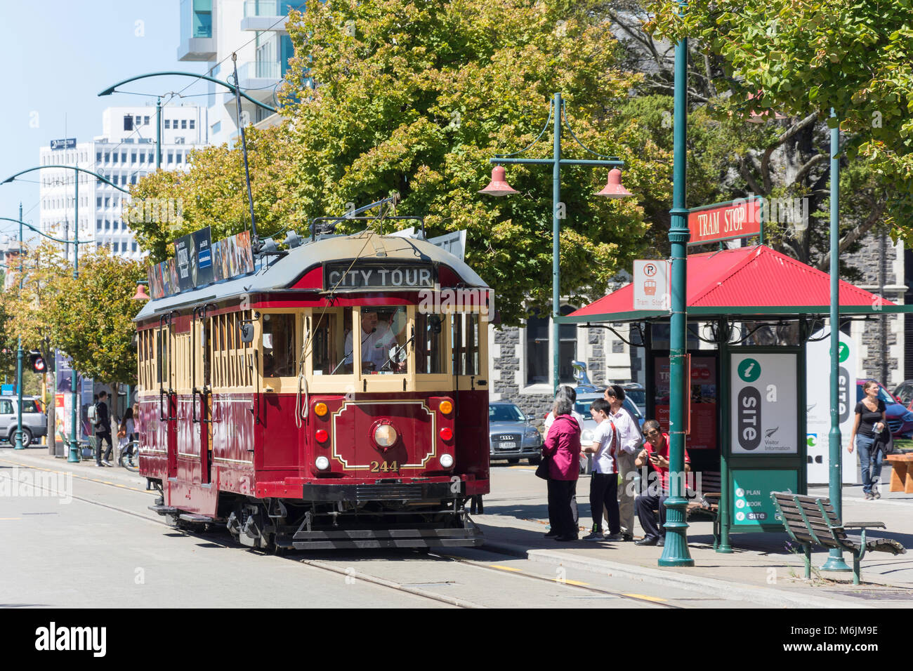City Tour Straßenbahn-Haltestelle, Worcester Boulevard, Christchurch, Canterbury, Neuseeland Stockfoto