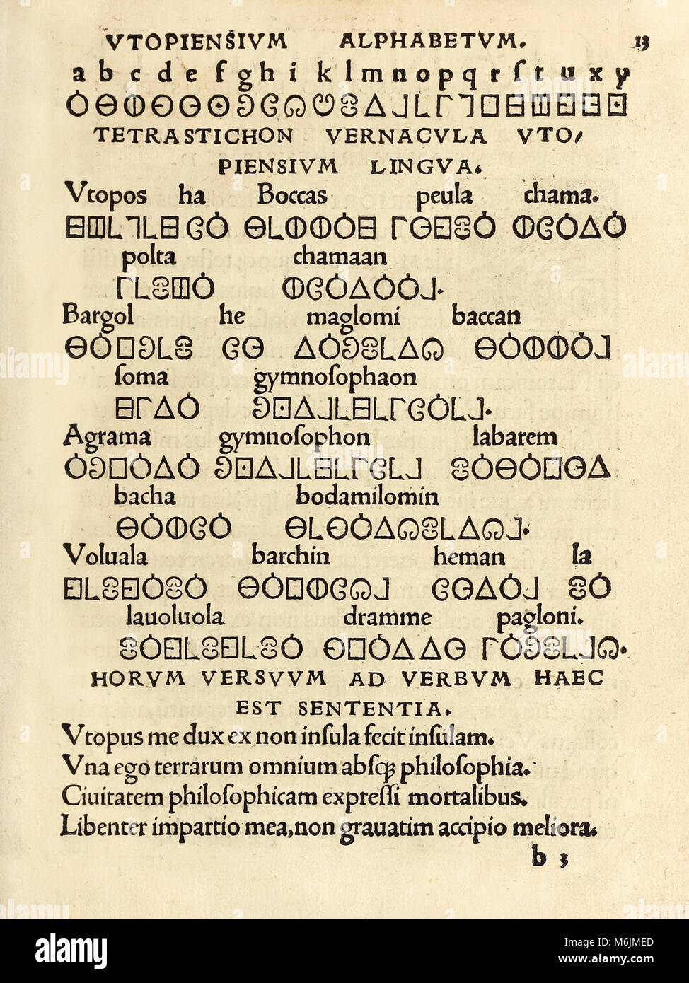 "Utopiensium Alphabetum" (utopische Alphabet) Vom 1518 Dritte Ausgabe der "Utopie" von Sir Thomas More (1478-1535) erstmals im Jahr 1516 veröffentlicht. Holzschnitt zeigt das fiktive Sprache auf der Insel Utopia verwendet. Weitere Informationen finden Sie unten. Stockfoto