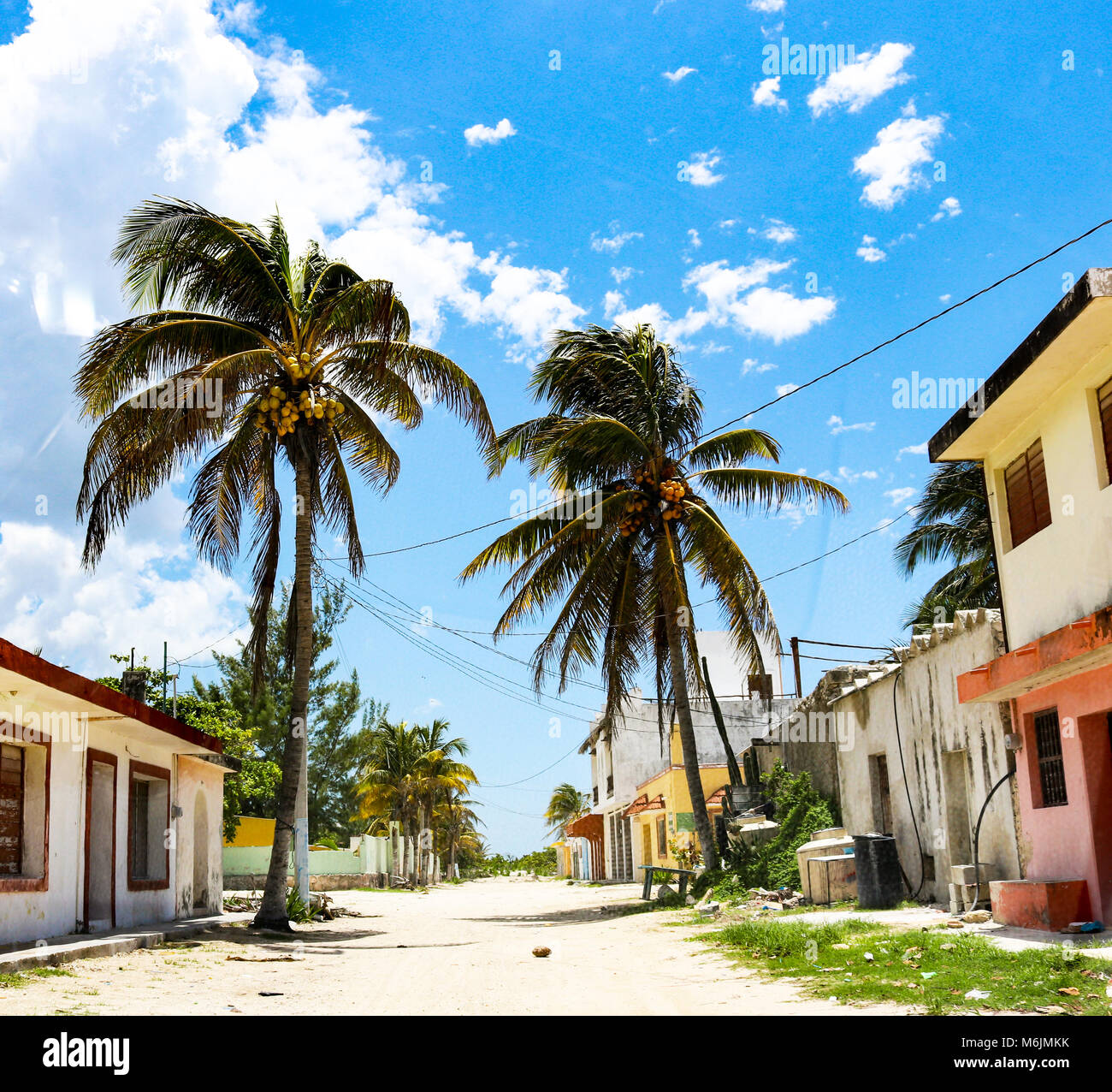 Einsame mexikanischen Schmutz der Straße im Dorf am Meer mit bunten Gebäuden und hohen Kokospalmen und eine Kokosnuss Festlegung in der Mitte der Straße Stockfoto