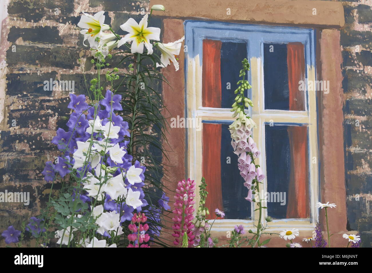 Hohe Cottage Garten Blumen vor einer gemalten Kulisse eines Schiebefenster in eine Mauer, ein Schaugarten von RHS Chatsworth, Juni 2017. Stockfoto