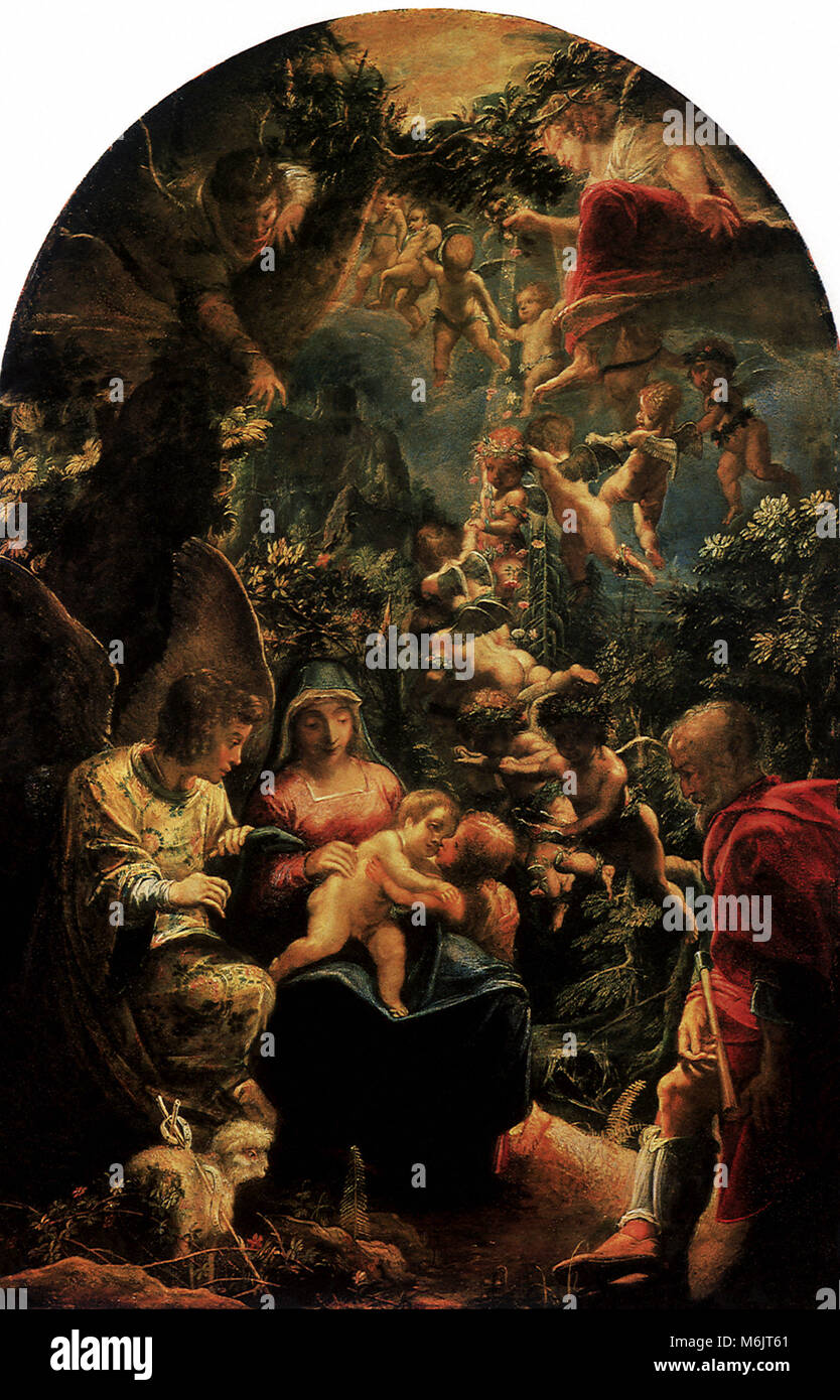 Heilige Familie mit Engeln, Elsheimer, Adam, 1599. Stockfoto