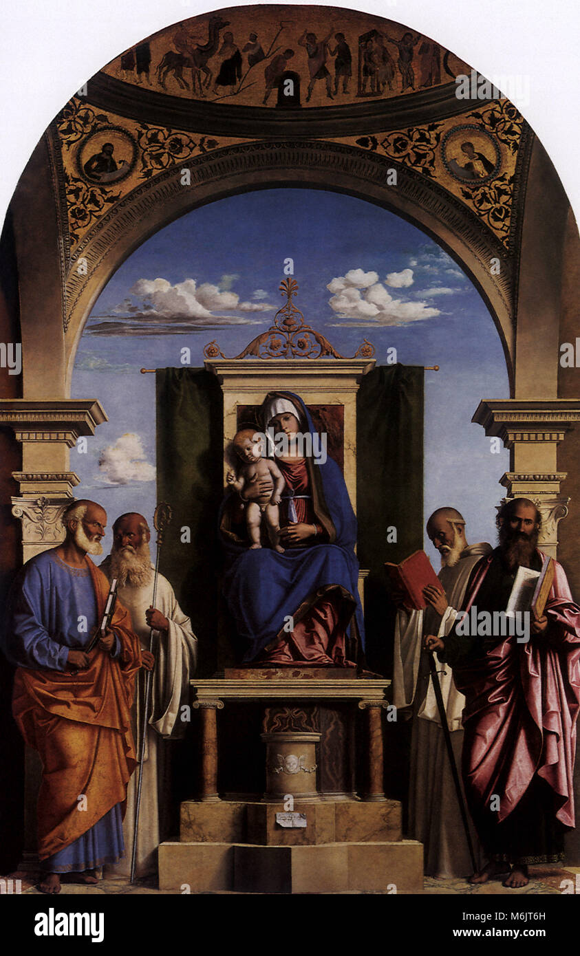 Madonna mit Kind auf dem Thron mit Heiligen, Cima da Conegliano,, 1496. Stockfoto