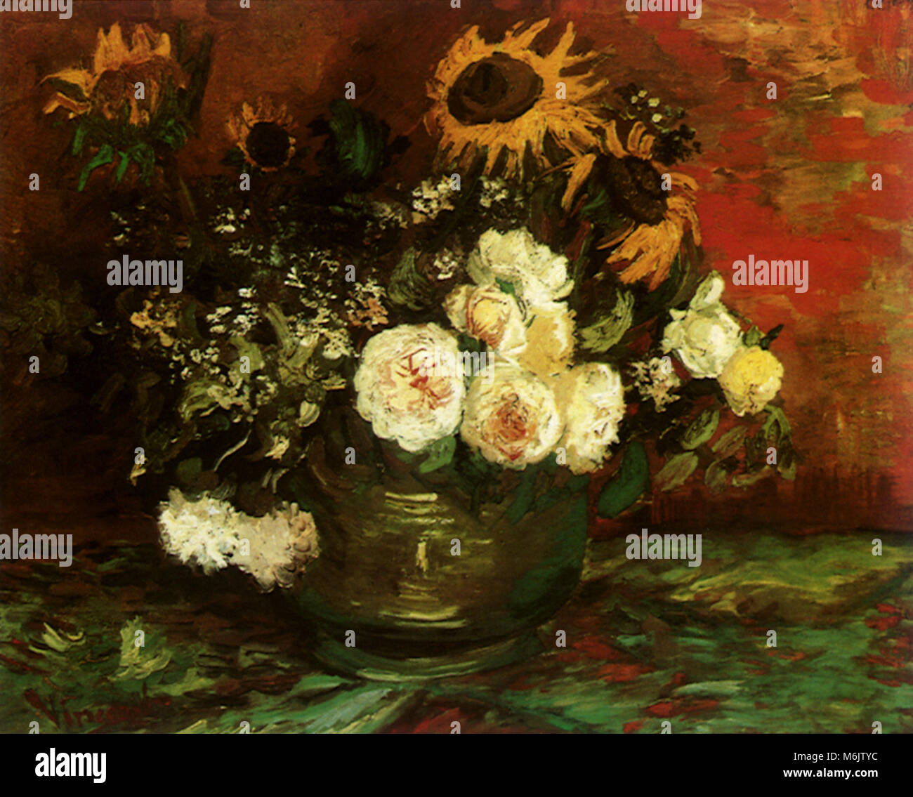 Schüssel mit Sonnenblumen, Rosen und andere Blumen, Van Gogh, Vincent Willem, 1886. Stockfoto