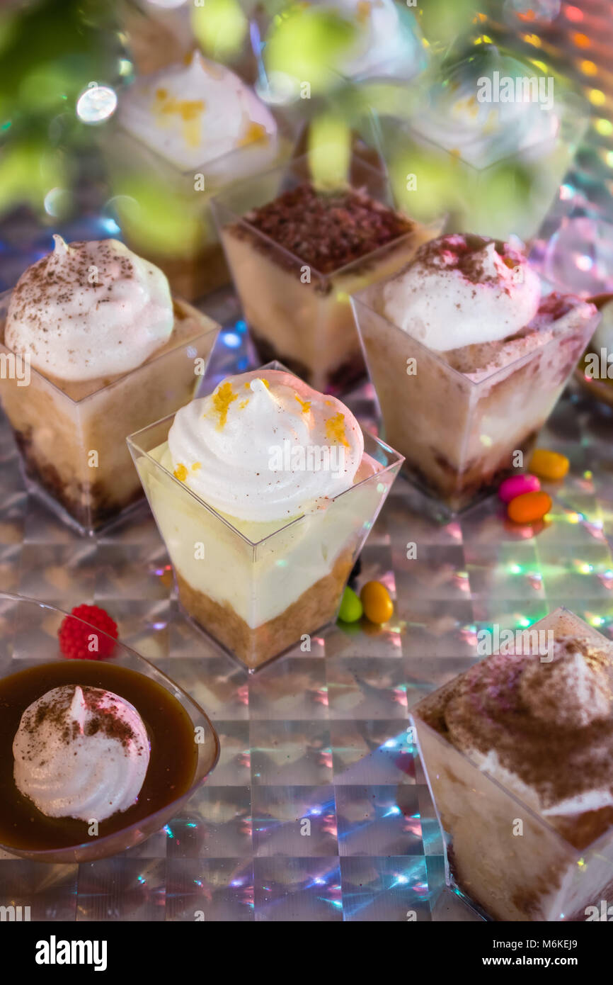 Süße Partei mit Dessert. Lemon Pie, Tiramisu, Tres Leches Kuchen y Suspiro Limeño Stockfoto