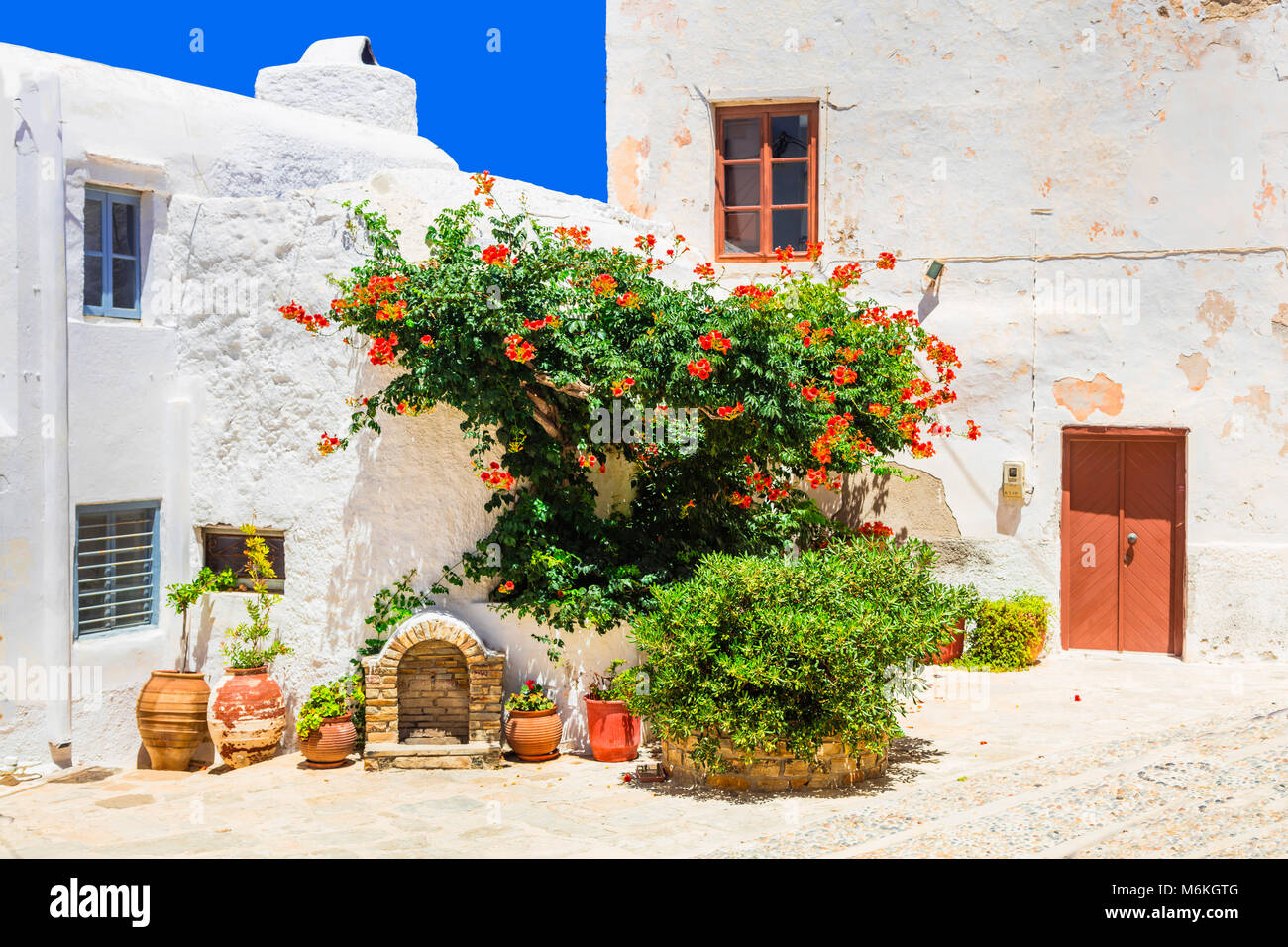 Alten Straßen von Griechenland, Anzeigen withf Tür, Fenster und Blumenschmuck, Naxos. Stockfoto