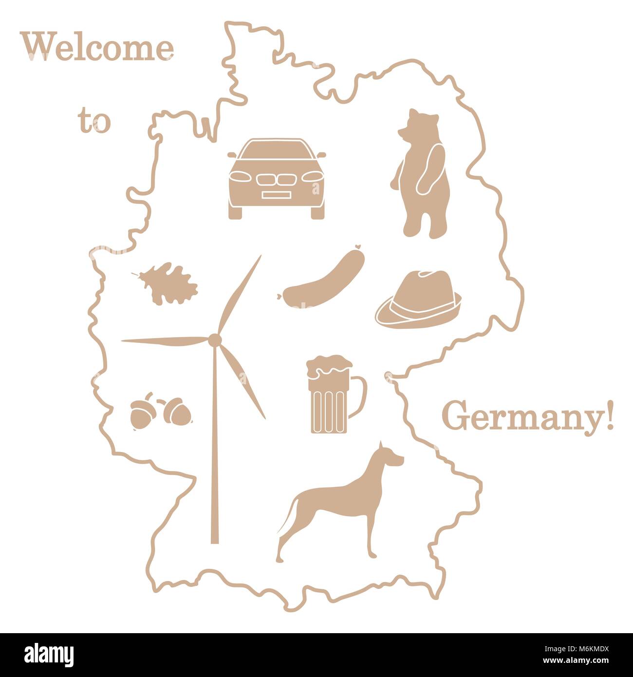 Vector Illustration mit verschiedenen Symbolen in Deutschland. Reisen und Freizeit. Design für Banner, Poster oder Drucken. Stock Vektor
