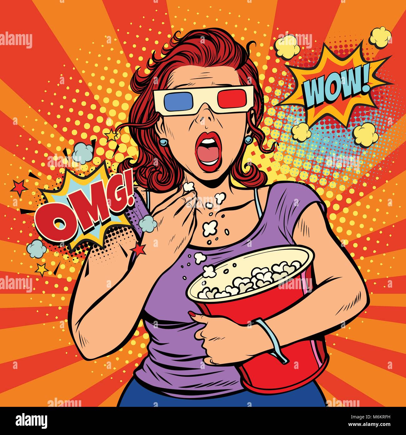 Frau in der 3D-Brille einen furchtsamen Film und Essen Popcorn. Fast food  im Kinosaal. Pop Art retro Vektor illustration Comic cartoon Vintage k  Stock-Vektorgrafik - Alamy