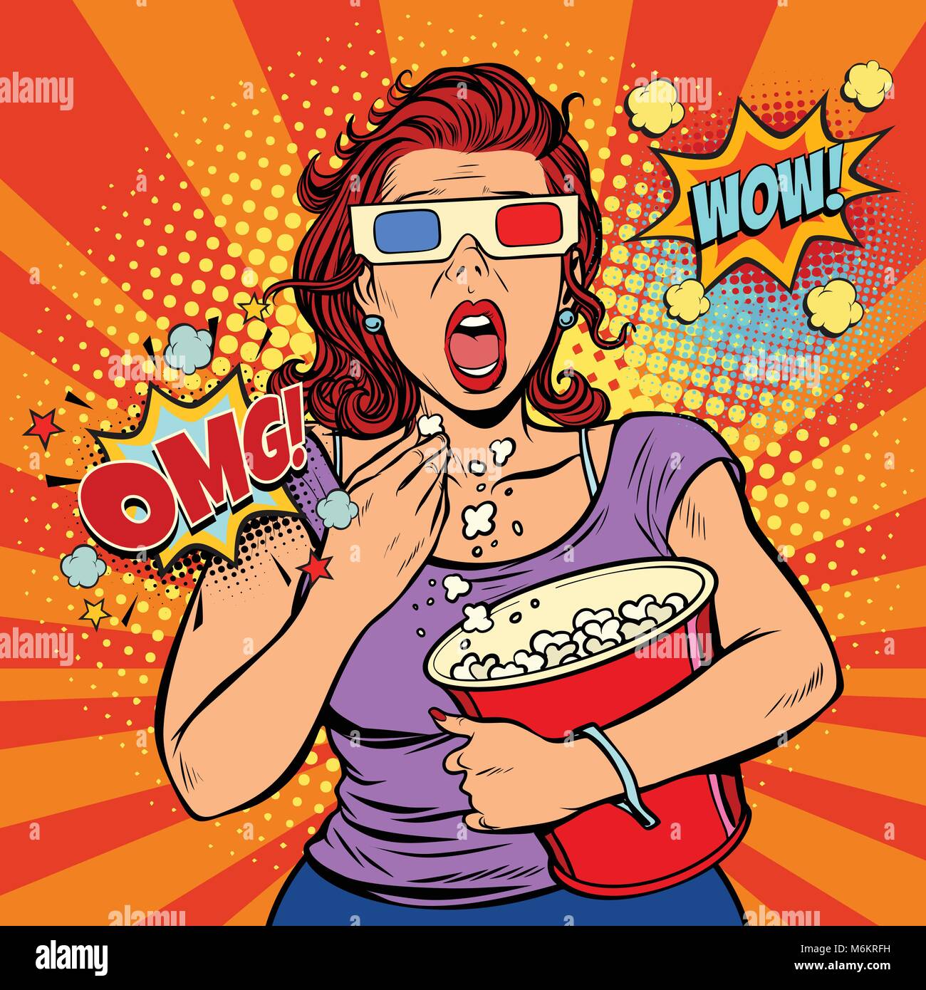 Frau In Der 3d Brille Einen Furchtsamen Film Und Essen Popcorn Fast Food Im Kinosaal Pop Art Retro Vektor Illustration Comic Cartoon Vintage K Stock Vektorgrafik Alamy