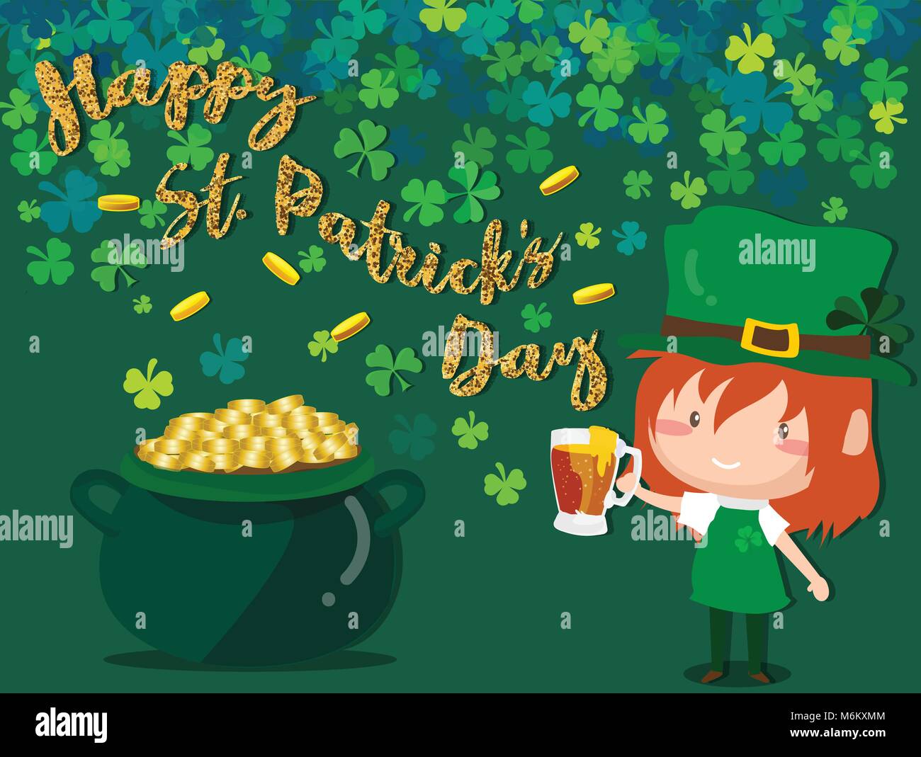 Happy St. Patrick's Day Festival. Irische Feier. grünen Klee shamrock Blätter auf grünem Hintergrund für Poster, Grußkarten, Party Einladung, b Stock Vektor