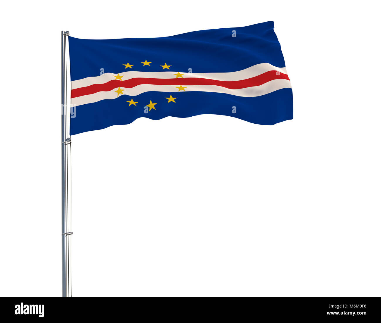 Isolieren Flagge von Kap Verde auf einem Fahnenmast im Wind flattern auf weißem Hintergrund, 3D-Rendering Stockfoto