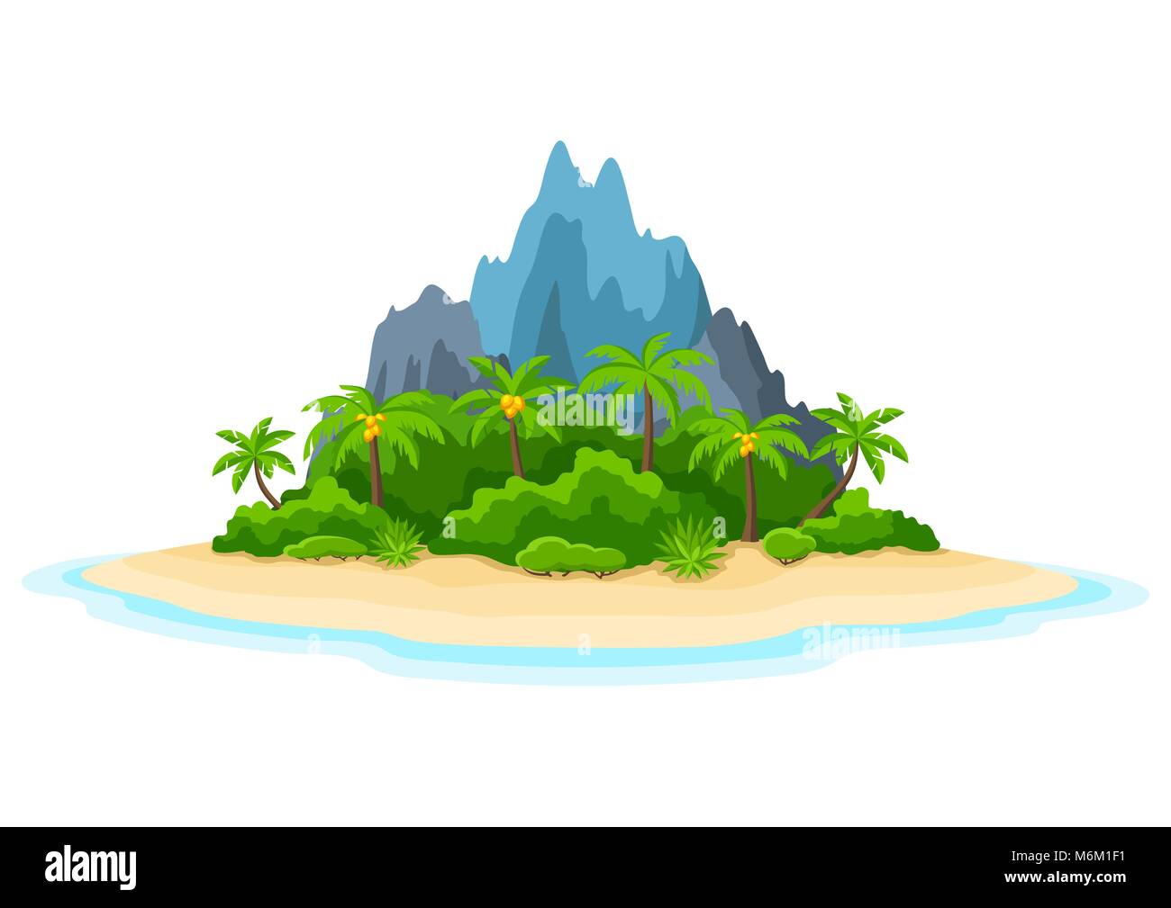 Abbildung: tropische Insel im Ozean. Landschaft mit Blick auf das Meer, Palmen und Felsen. Reisen Hintergrund Stock Vektor