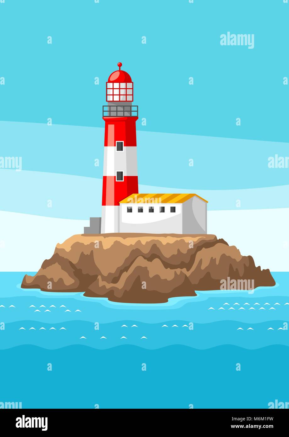 Abbildung: Leuchtturm auf felsigen Küste. Landschaft mit Meer und Felsen. Reisen Hintergrund Stock Vektor
