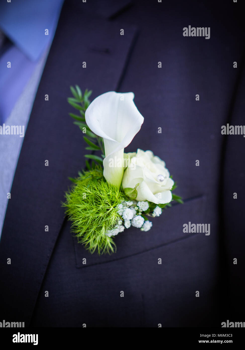 Bräutigam trägt in dunkelblauen Anzug mit eleganten Anstecker von calla Lilie Blume Stockfoto