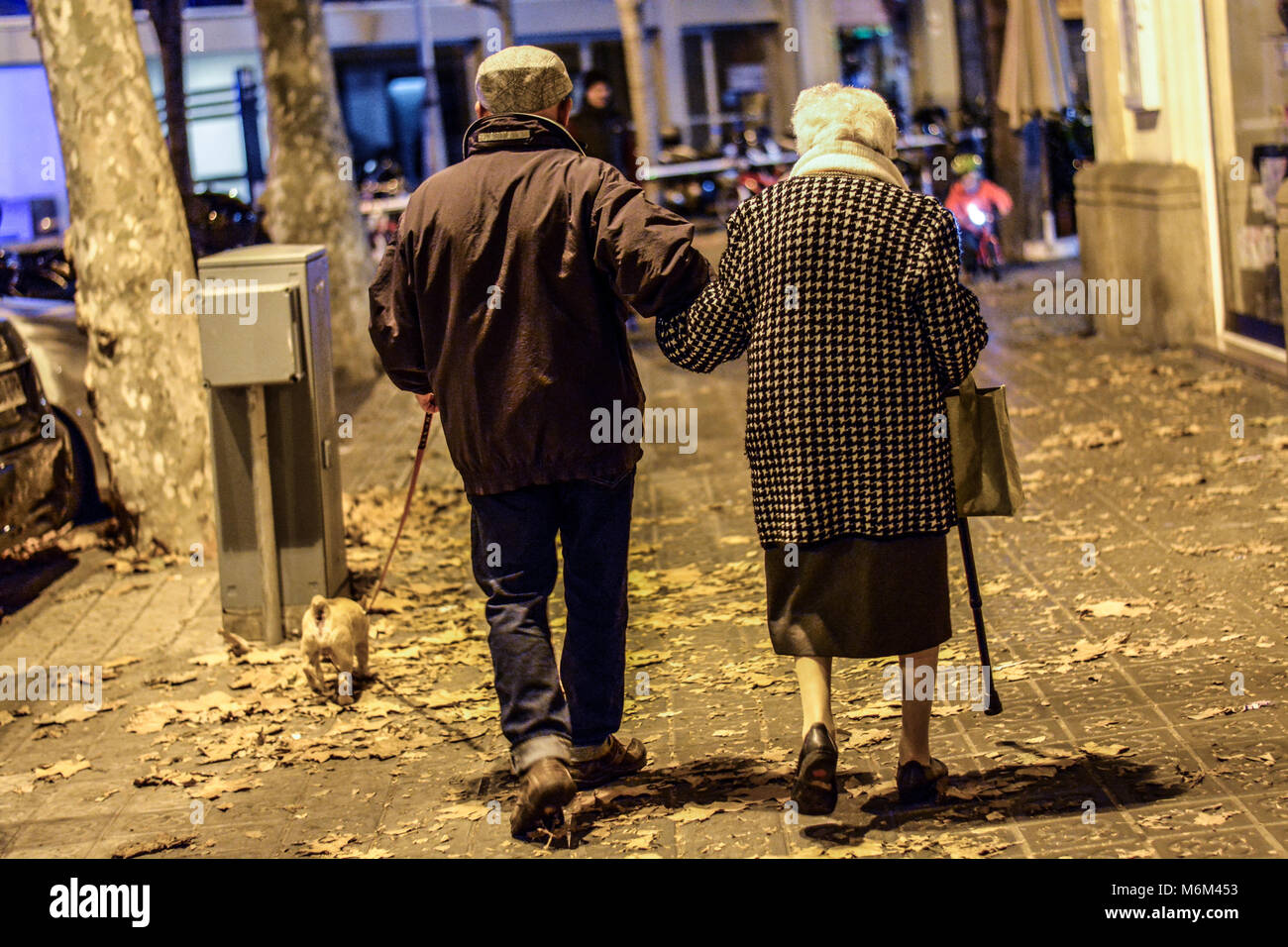 Alte paar Spaziergänge mit ihrem Hund in den Straßen von Eixample, in Barcelona. Stockfoto