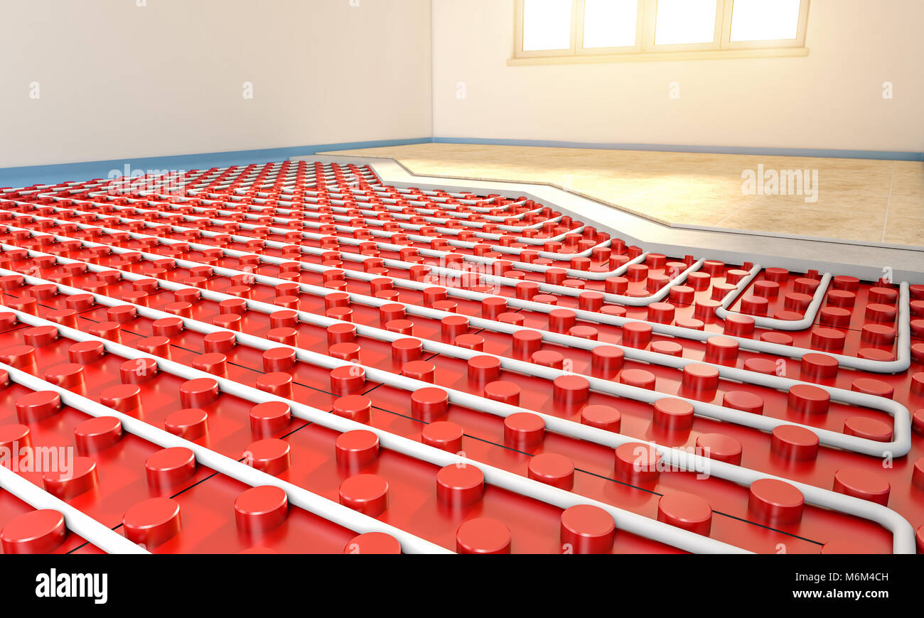 Radiant Floor Panel Installation im leeren Raum 3D Rendering image Stockfoto Radiant Floor Panel Installation im leeren Raum 3D Rendering image Stockfoto