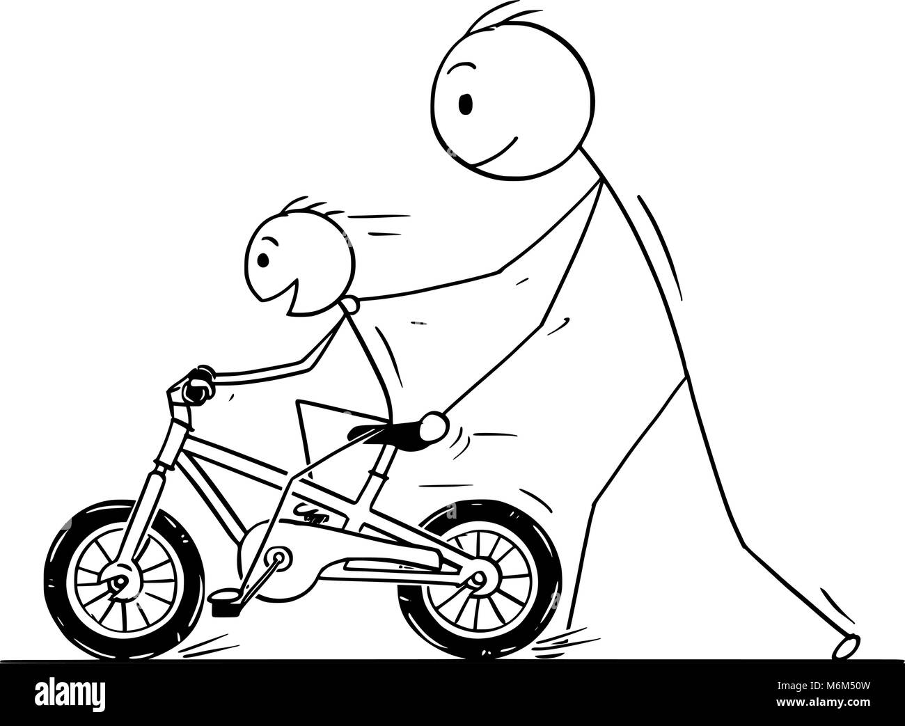 Cartoon von Vater und Sohn Lernen über ein Motorrad oder Fahrrad fahren Stock Vektor