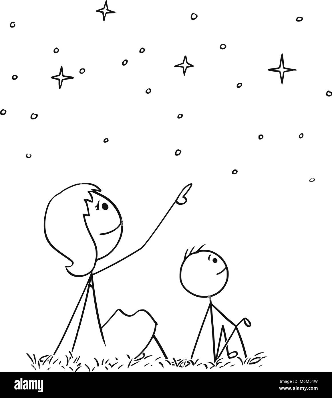 Cartoon von Mutter und Sohn aufpassen Nacht Sky Stars Stock Vektor