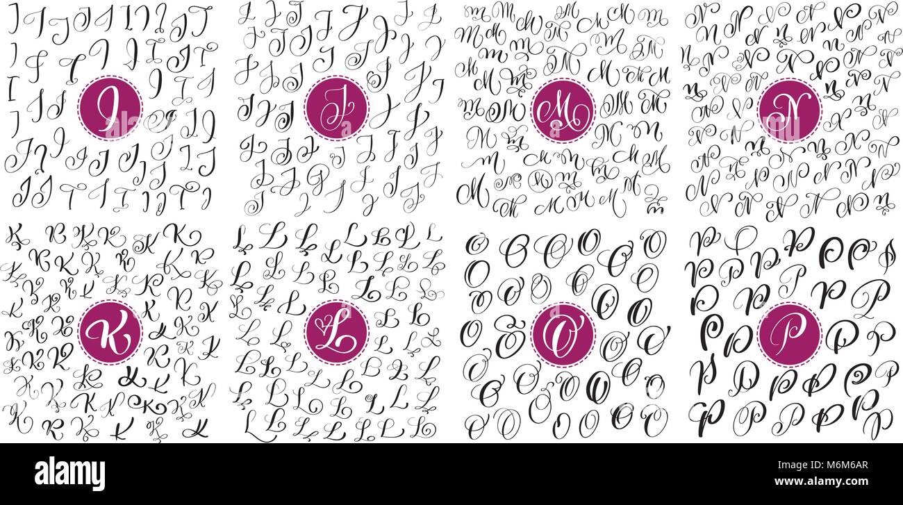 Satz von Hand gezeichnet Vektor Kalligraphie Buchstaben I, J, K, K, M, N, O, S. Script font Alphabet. Isolierte Briefe mit Tinte geschrieben. Handschriftliche Pinselstil zurück. Hand Schriftzug für Logos Verpackungsdesign Plakat Stock Vektor