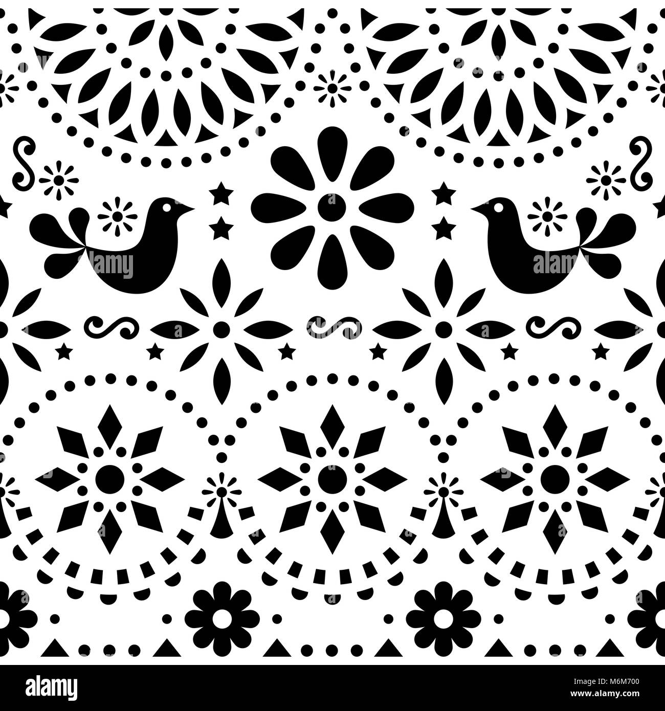 Mexikanischer Volkskunst Vektor nahtlose Muster mit Vögel und Blumen, schwarze und weiße fiesta Design durch traditionelle Kunstform Mexiko inspiriert Stock Vektor