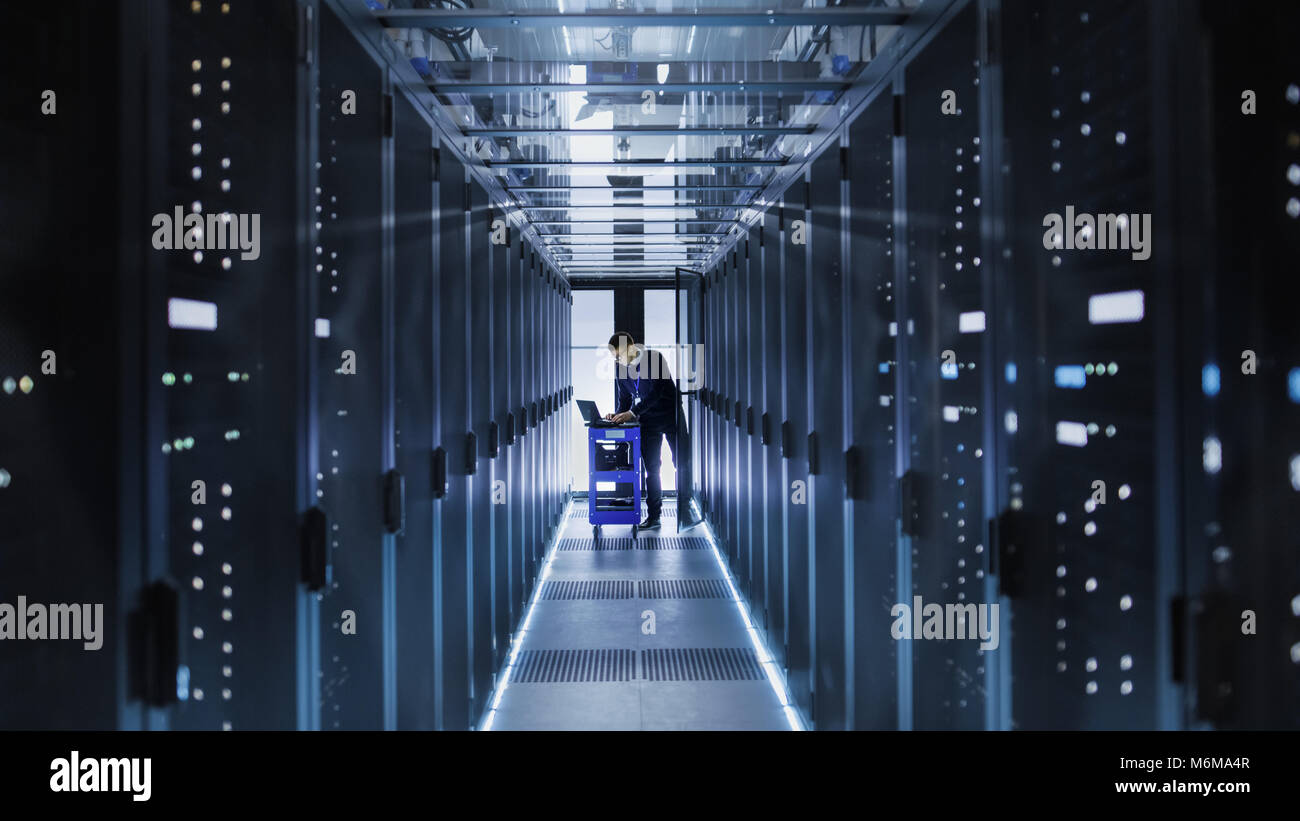 IT-Techniker mit Crash Cart Setzt Festplatten in einen offenen Rack ...