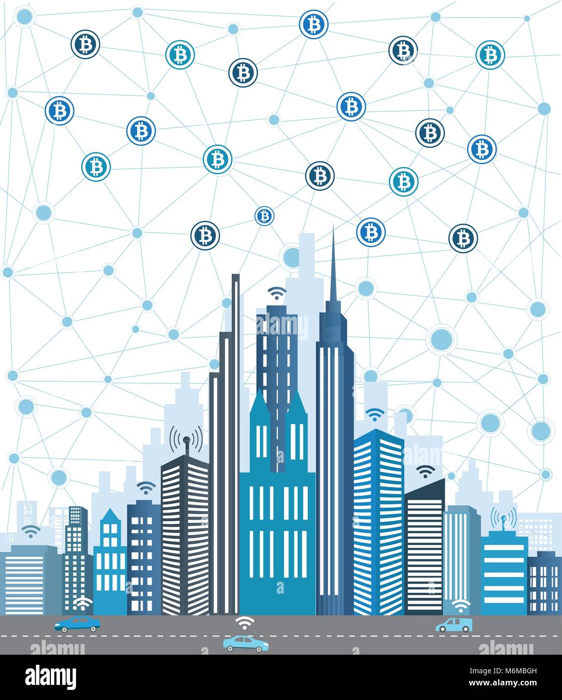 Bitcoin Konzept und Netzwerk von angeschlossenen Symbole. Business Financial Network Stadt Hintergrund. Global Business Connection Konzept. Stock Vektor