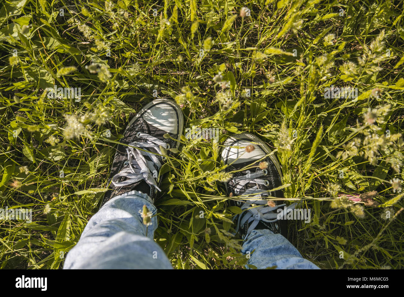 Detail der Girl's Füße mit Schuhen im Gras Stockfoto