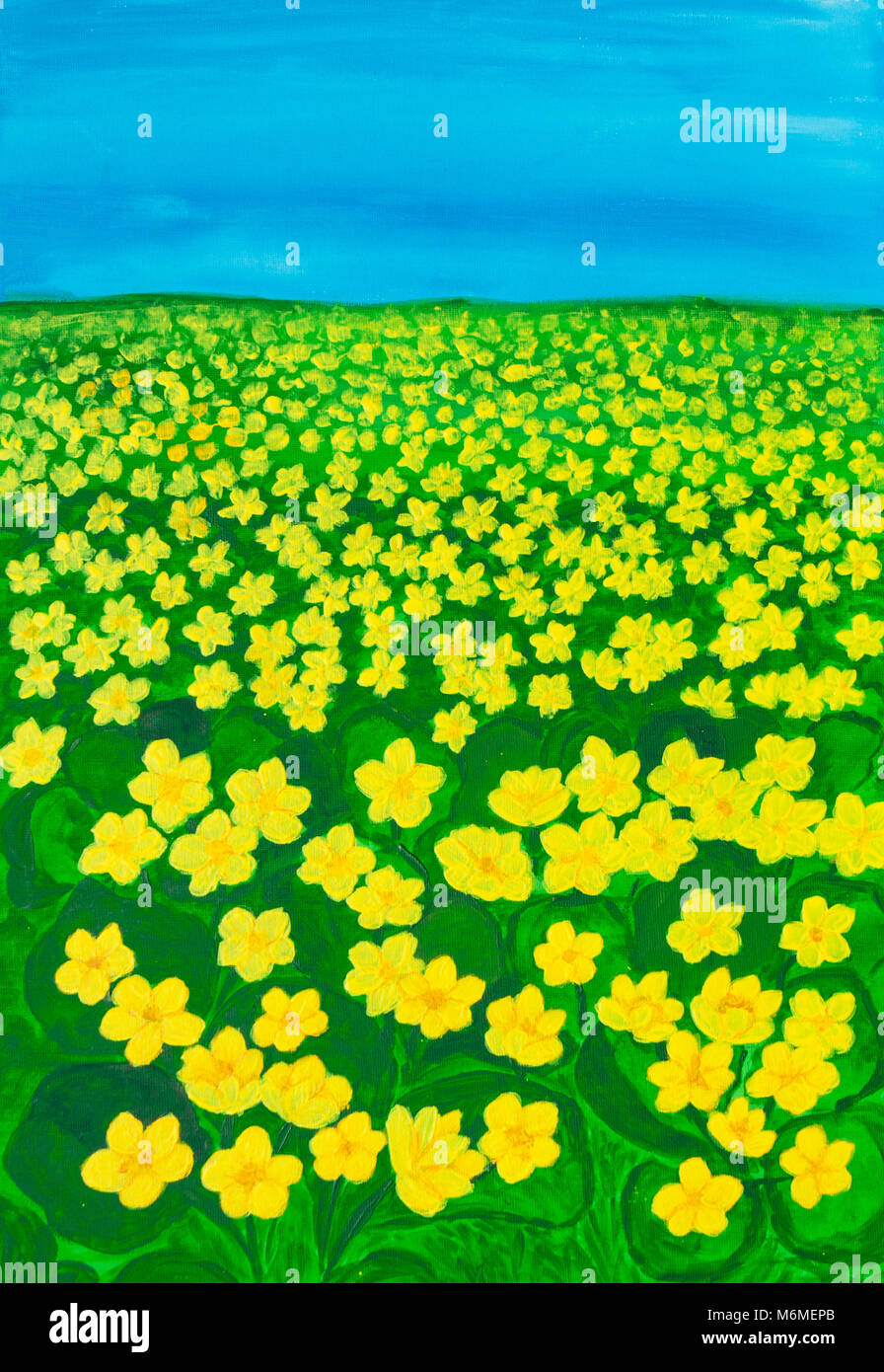 Frühling Wiese mit vielen ersten Frühling Blumen gelbe Ranunkeln, Ranunculus lateinischer Name, Illustration Malerei Acryl auf Leinwand. Stockfoto