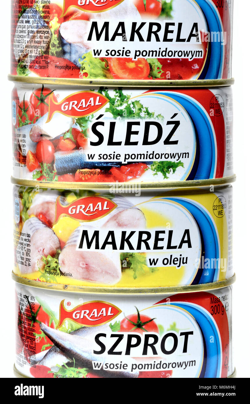 Polnische Fischkonserven (von oben) Makrele mit Tomatensauce; Hering in Tomatensoße; Makrele in Öl; Sprotten in Tomatensoße Stockfoto