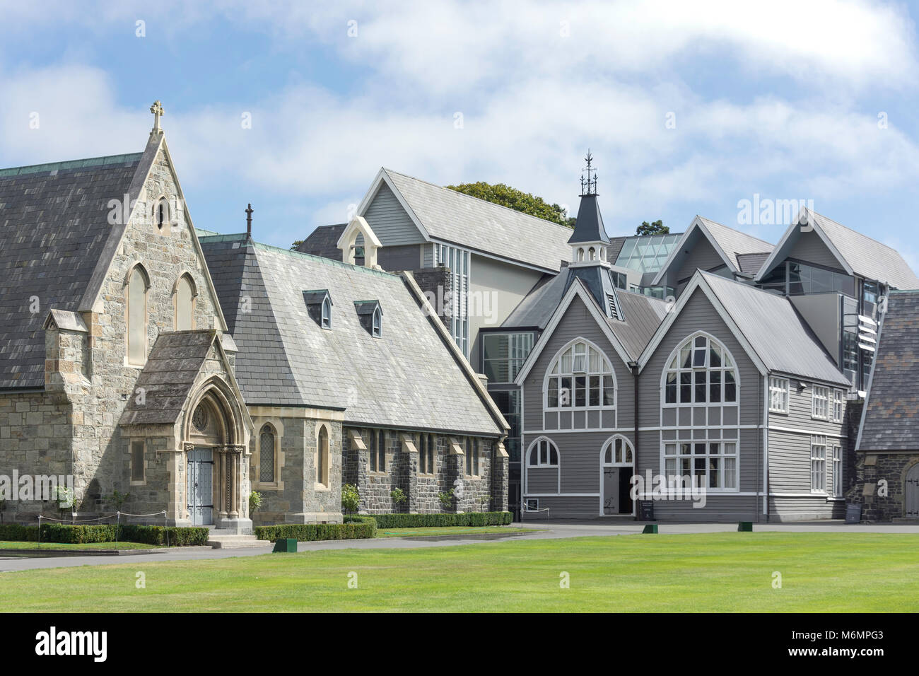 Historische Gebäude um Viereck, Christ's College, Rolleston Avenue, Christchurch, Canterbury, Neuseeland Stockfoto