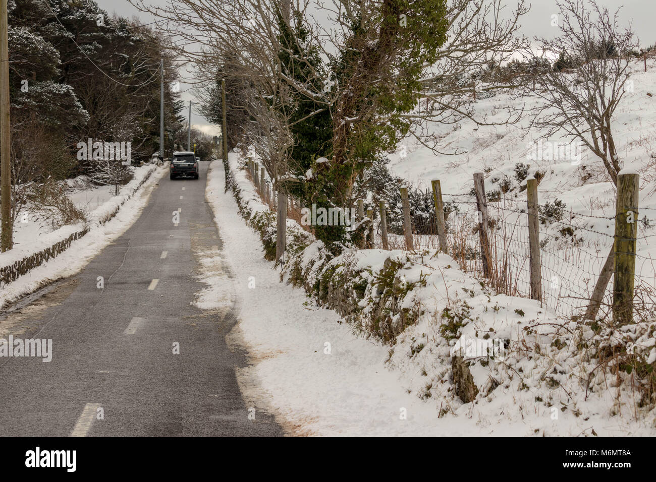 Einsame Straßen wegen Schnee in die Dublin Mountains, März 2017. Stockfoto