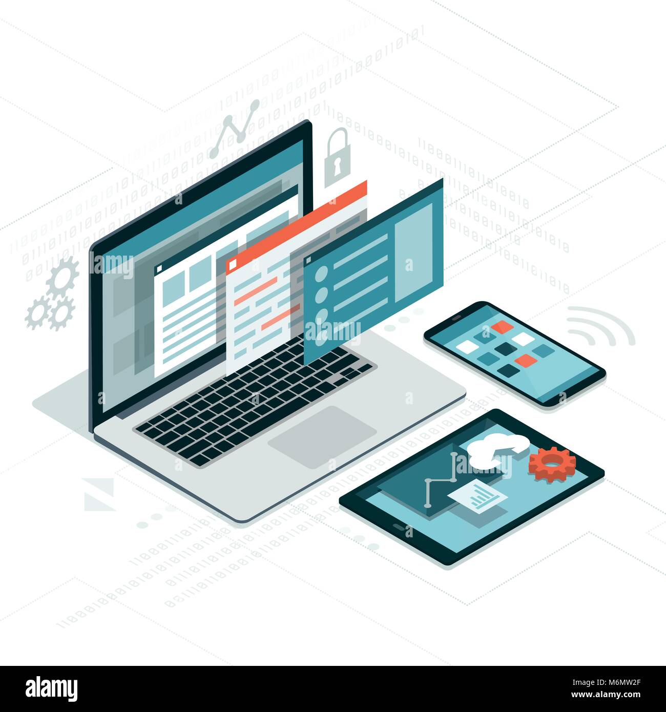 Web anf Software Entwicklung, Programmierung und Kommunikation: Visual Interface auf Laptop, Tablet-PC und Smartphone Stock Vektor