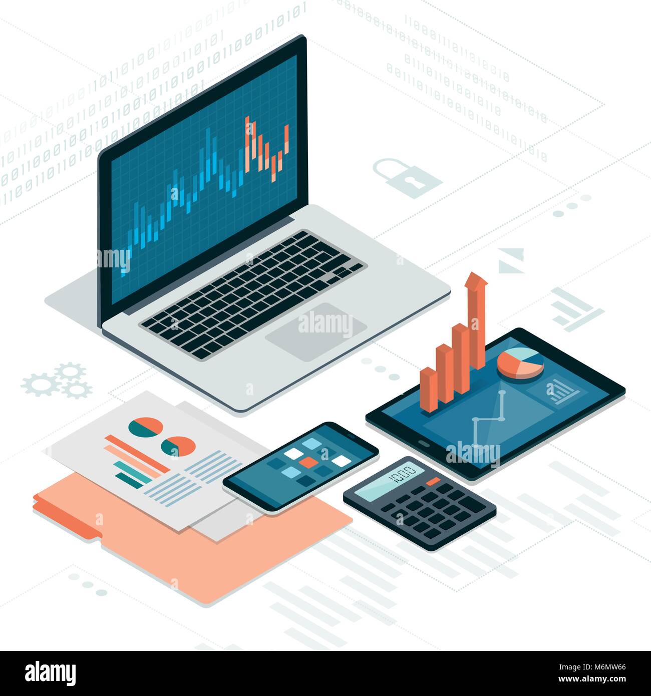 Business und Finanzen app und Software auf Laptops, Smartphones und Tablet Stock Vektor