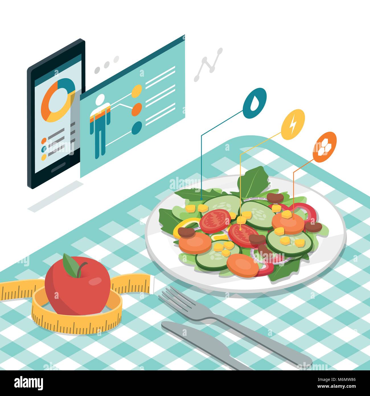 Essen und Ernährung app mit Nährwert Tabelle auf einem Smartphone und Teller mit gesunden Salat Stock Vektor
