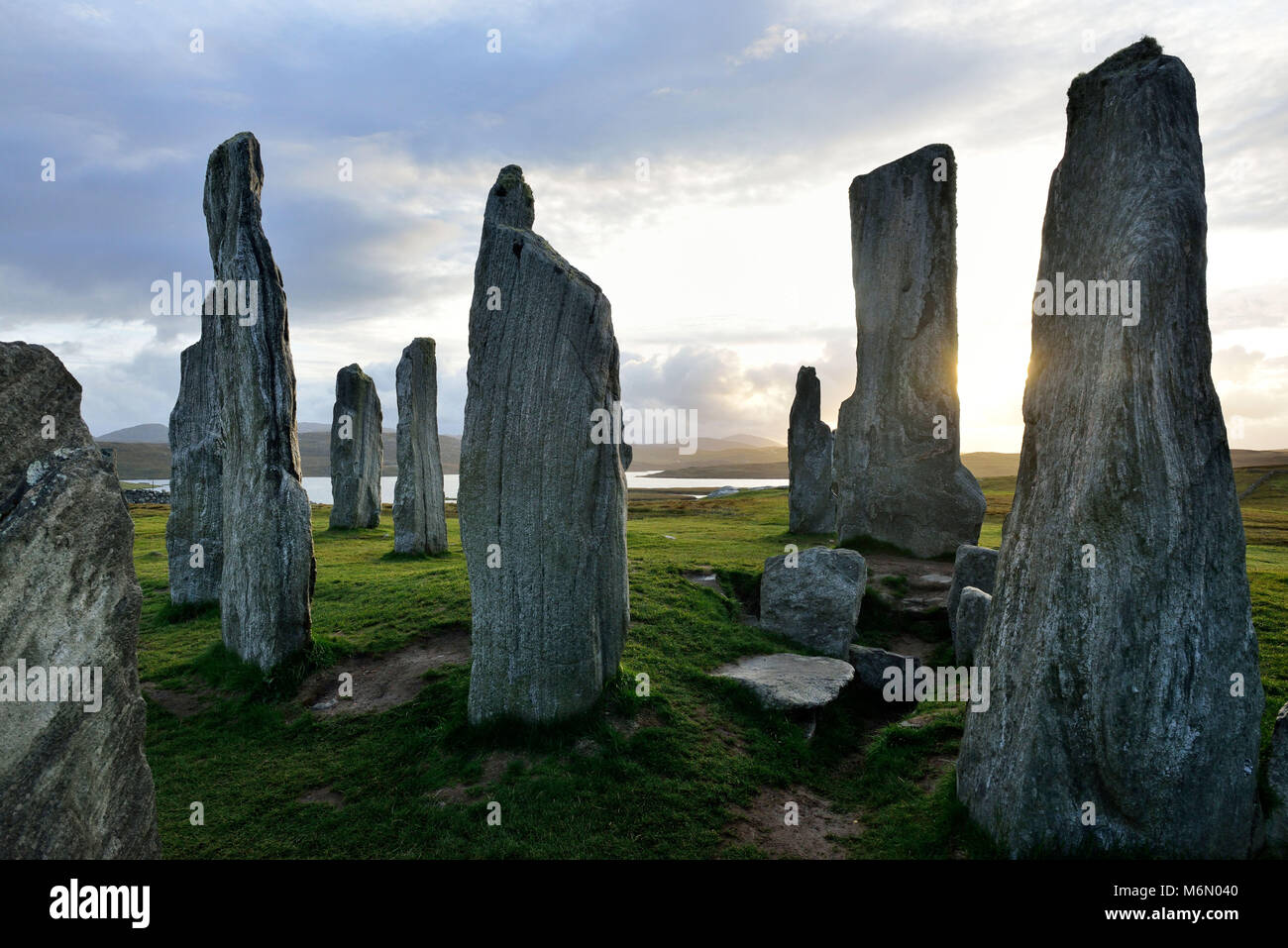 Vereinigtes Königreich, Schottland, Äußere Hebriden, Lewis und Harris, Isle of Lewis. Callanish Standing Stones. Stone Circle (3.000 v. Chr.) Stockfoto