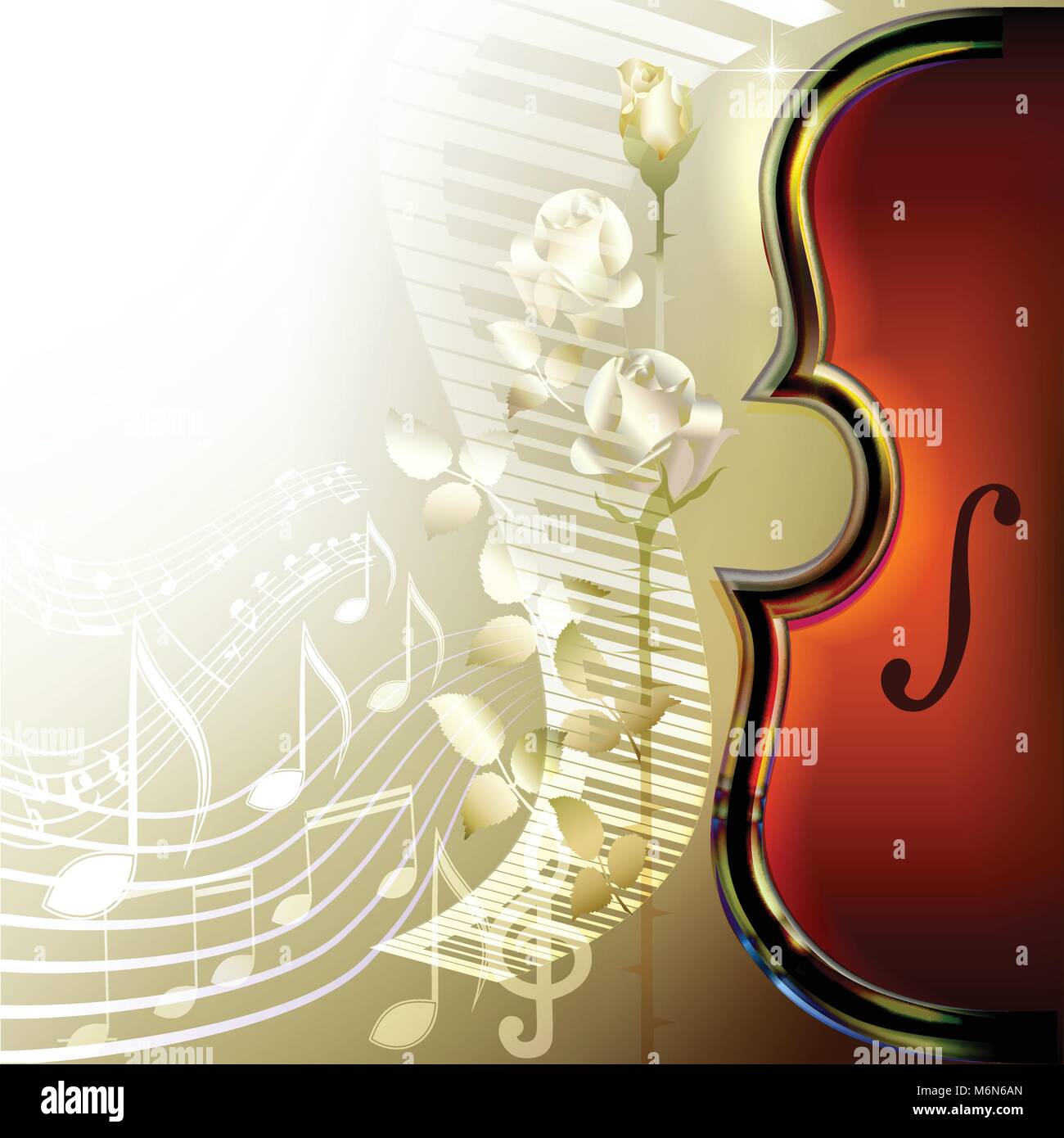 Klassische Musik im Hintergrund mit Violine, weiße Rosen, Piano und Noten Stock Vektor