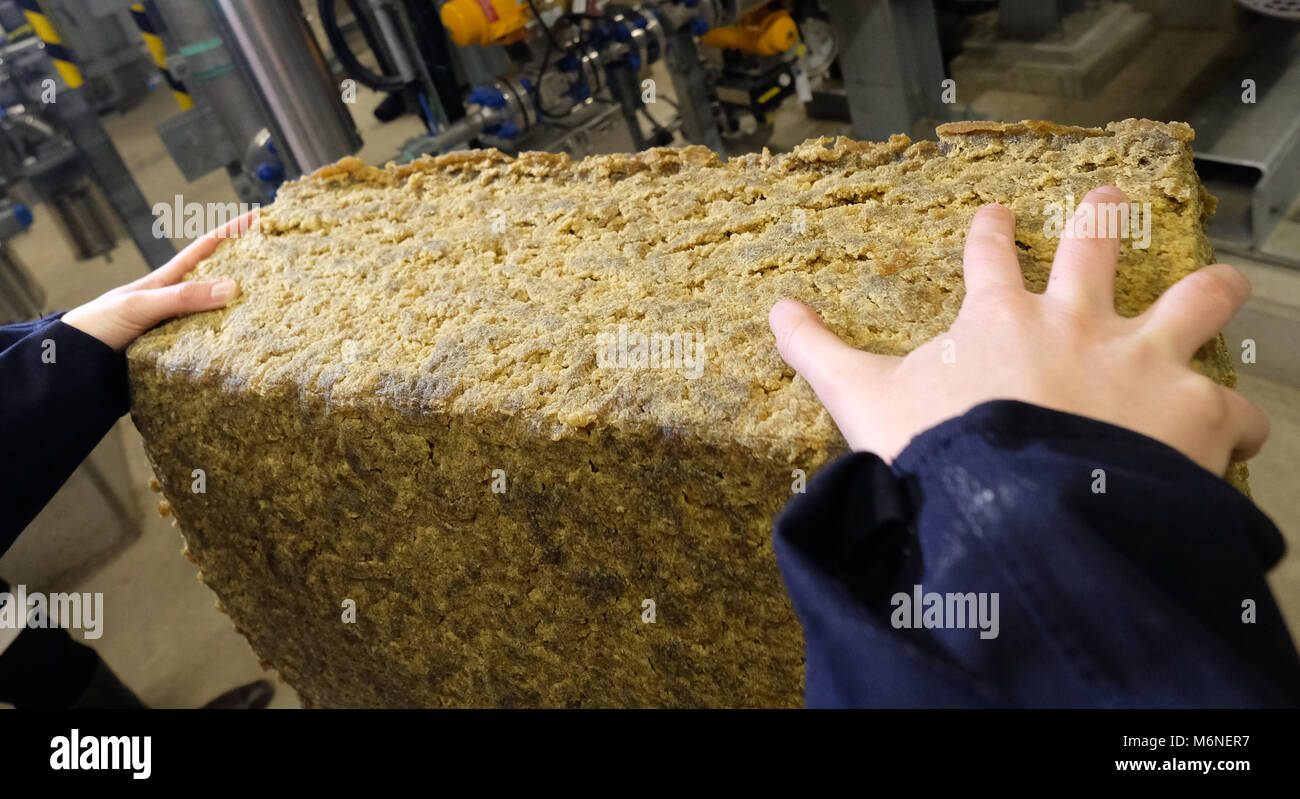 28. Februar 2018, Deutschland, Schkopau: Ein Mitarbeiter von Trinseo zeigt  einen Block der synthetische Kautschuk, die für Autoreifen Produktion  erforderlich ist. Die Kautschuk- Produktion in Betrieb am 28. Februar 2018  gesetzt und