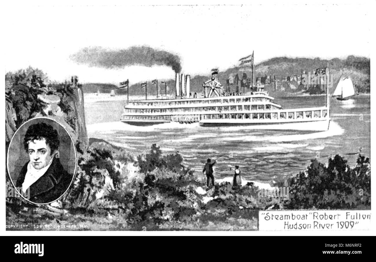 ROBERT FULTON (1765-1815) Amerikanischer Ingenieur mit seinem North River Steamboat von Clermonts Stockfoto