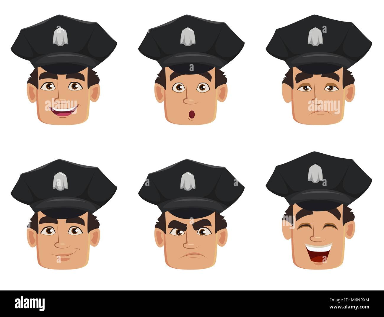 Gesichtsausdruck der Polizist, Polizist. Satz von verschiedenen Emotionen. Stattliche Zeichentrickfigur cop. Vector Illustration auf weißen backgr isoliert Stock Vektor