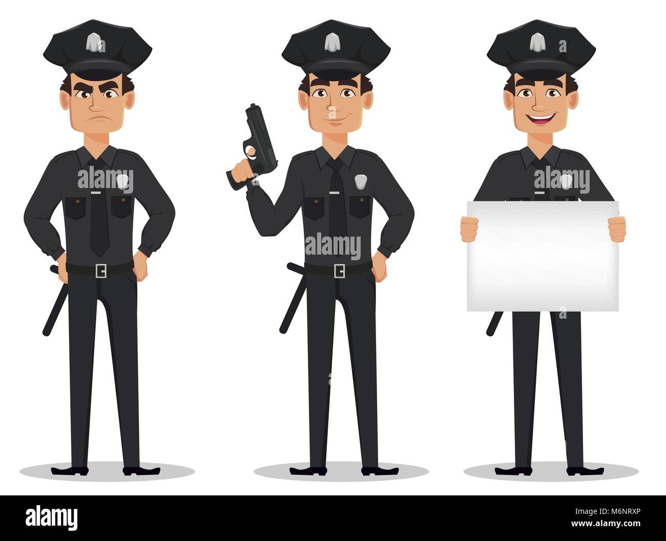 Polizist, Polizist. Der zeichentrickfigur Cop wütend, mit einer Pistole und mit Plakat. Vector Illustration auf weißem Hintergrund Stock Vektor