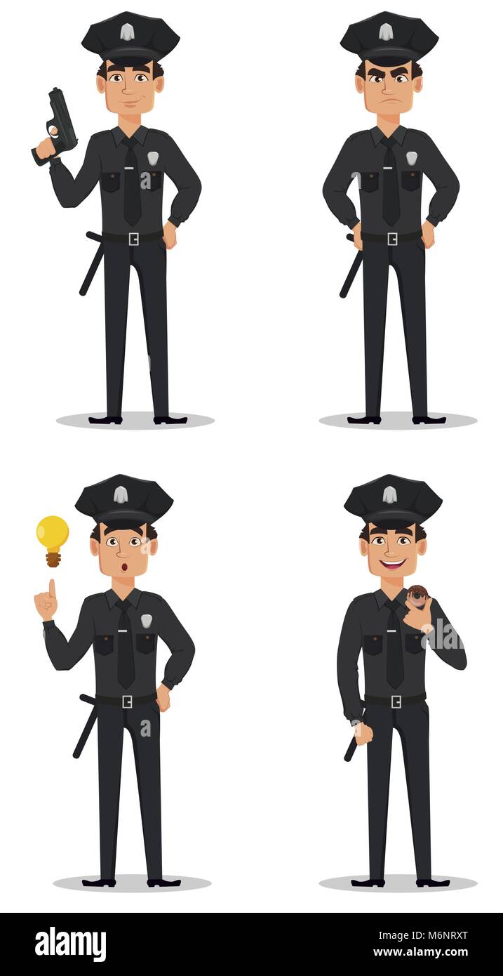 Polizist, Polizist. Der zeichentrickfigur Cop mit einer Pistole, wütend, mit einer guten Idee und mit Donut. Vector Abbildung auf der Rückseite weiß, isoliert Stock Vektor