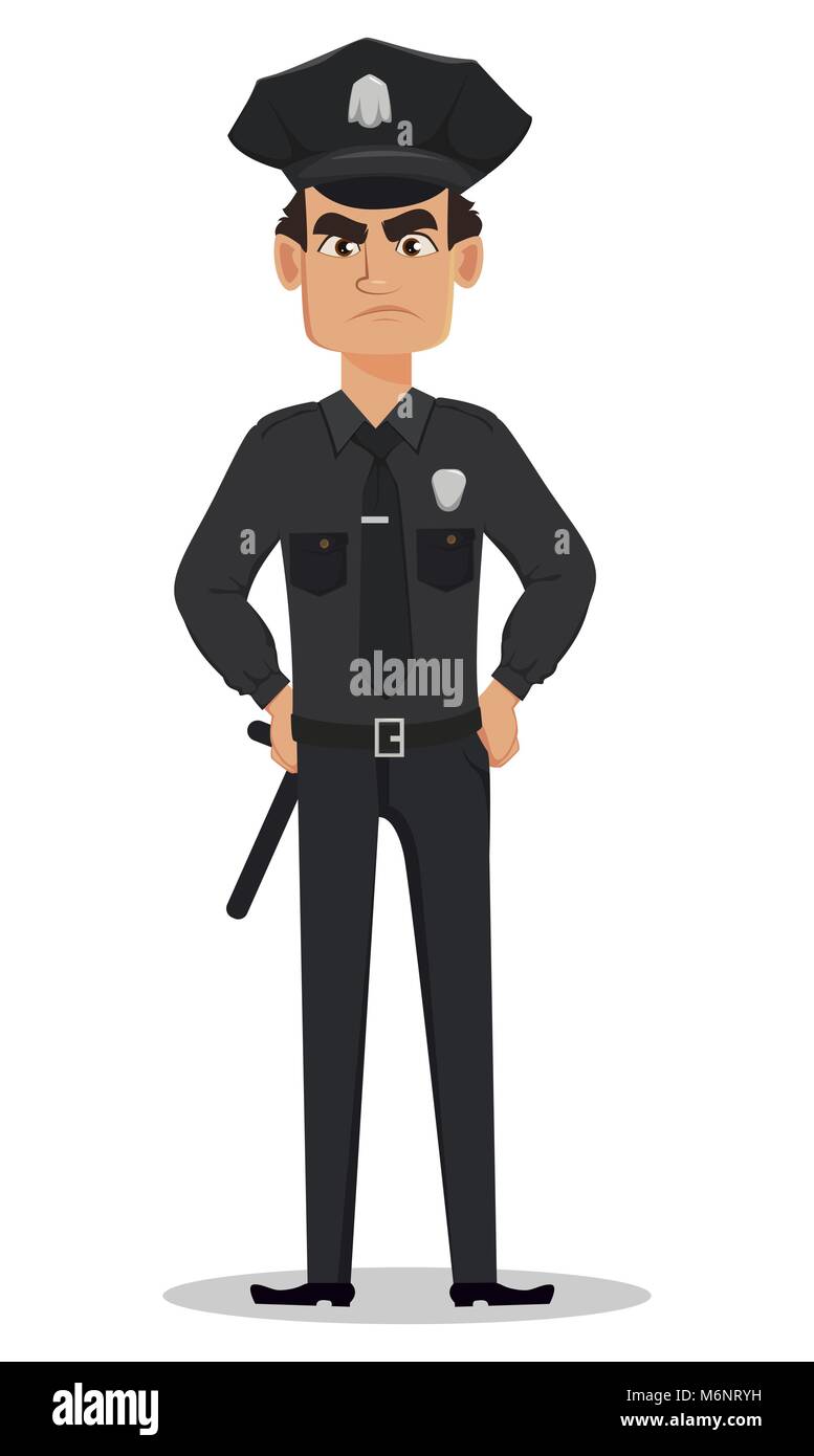 Polizist, Polizist mit Händen auf den Hüften. Wütend Zeichentrickfigur cop. Vector Illustration auf weißem Hintergrund Stock Vektor