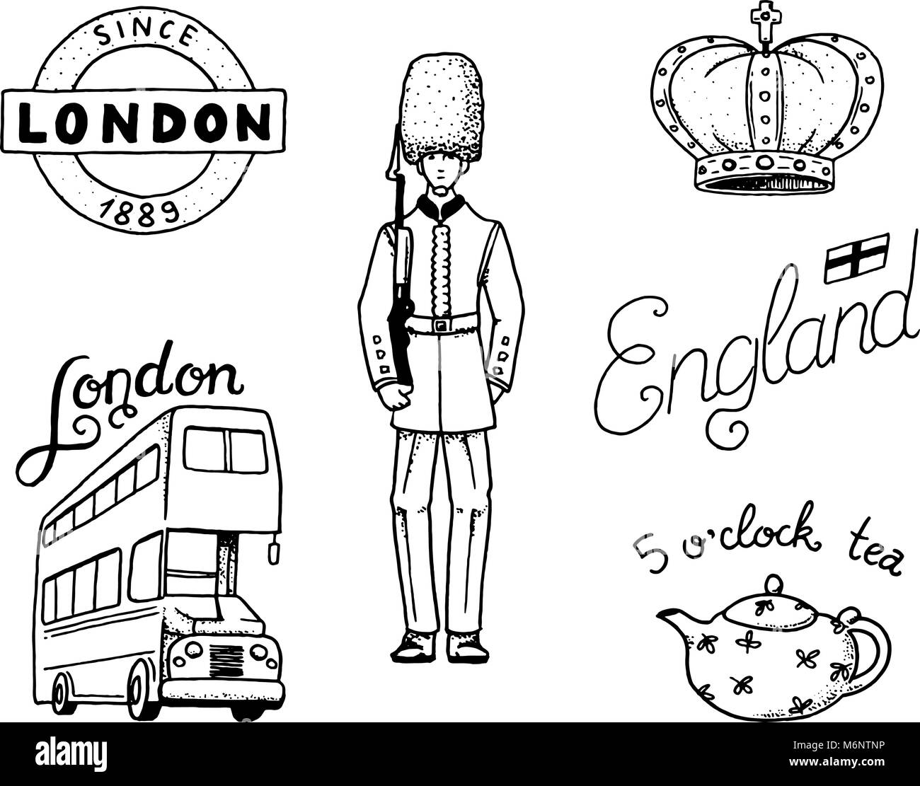 Britische Logo, Krone und Königin, Teekanne mit Kaffee, Bus und Royal Guard, London und die Herren. Symbole, Abzeichen oder Briefmarken, Embleme oder architektonische Sehenswürdigkeiten, Vereinigtes Königreich. Land England label. Stock Vektor