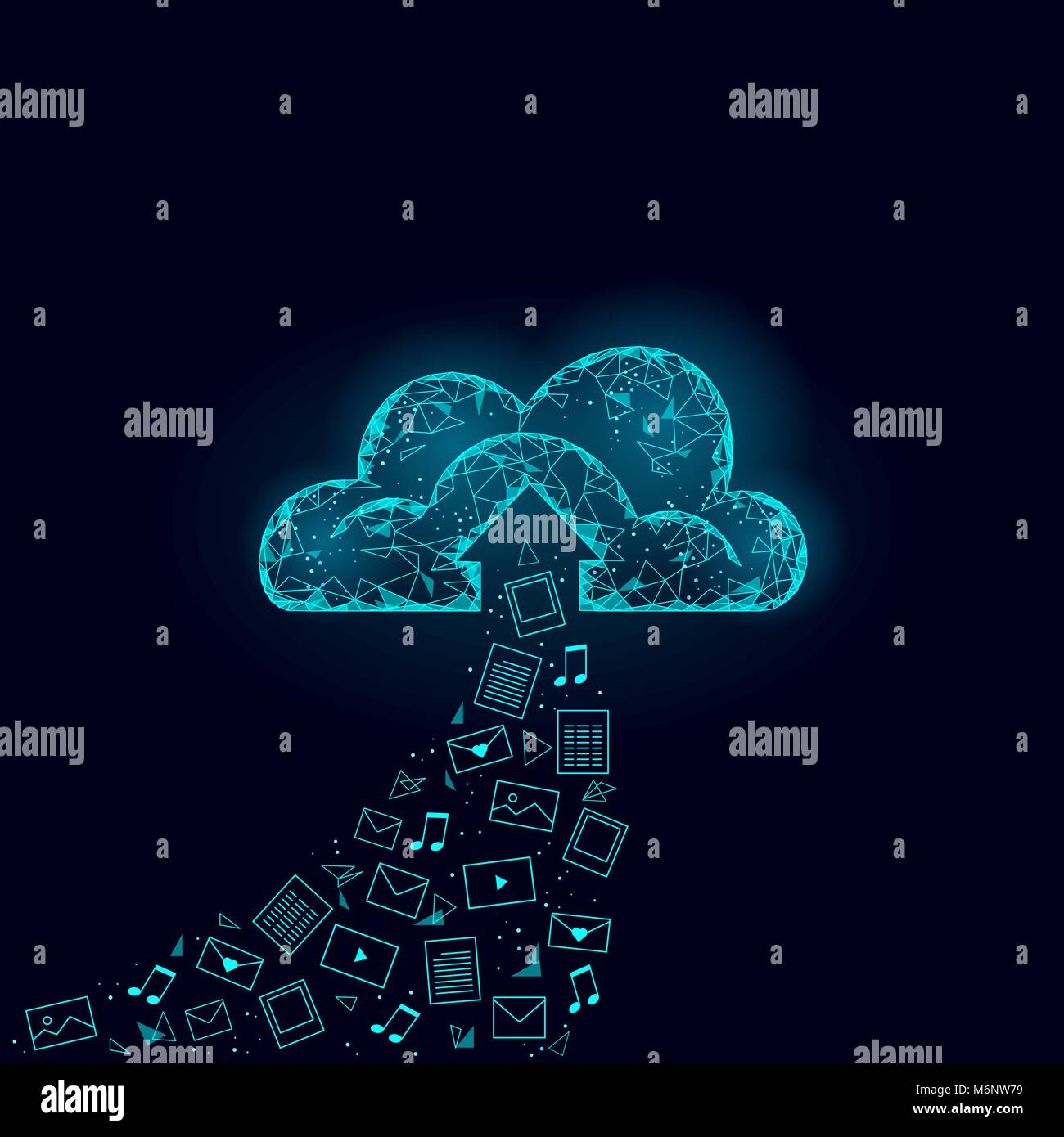 Cloud Computing online storage Low Poly. Polygonale Zukunft moderne Internet Business Technology. Blau leuchtende Global Data Information Exchange Ordner Datei Symbol Stock Vektor